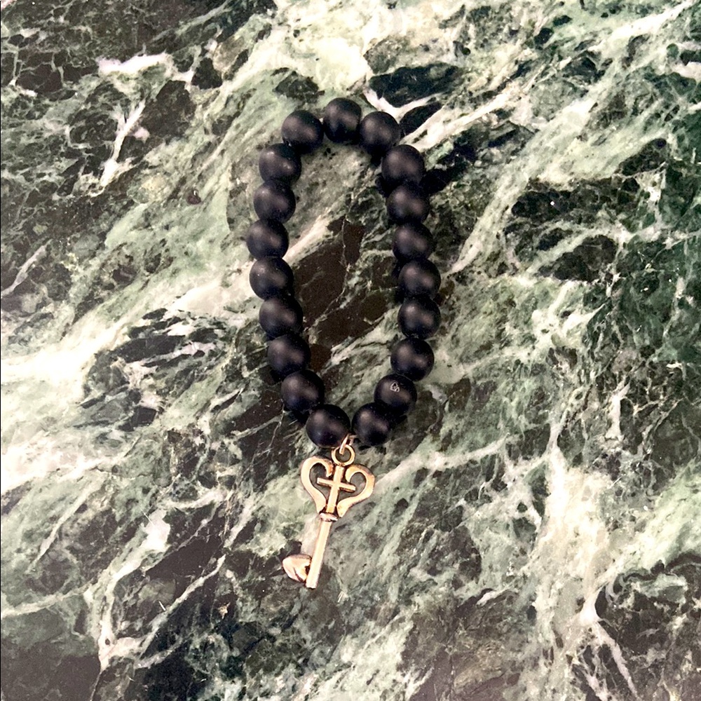 Black Beaded Bracelet with Gold Key Charm